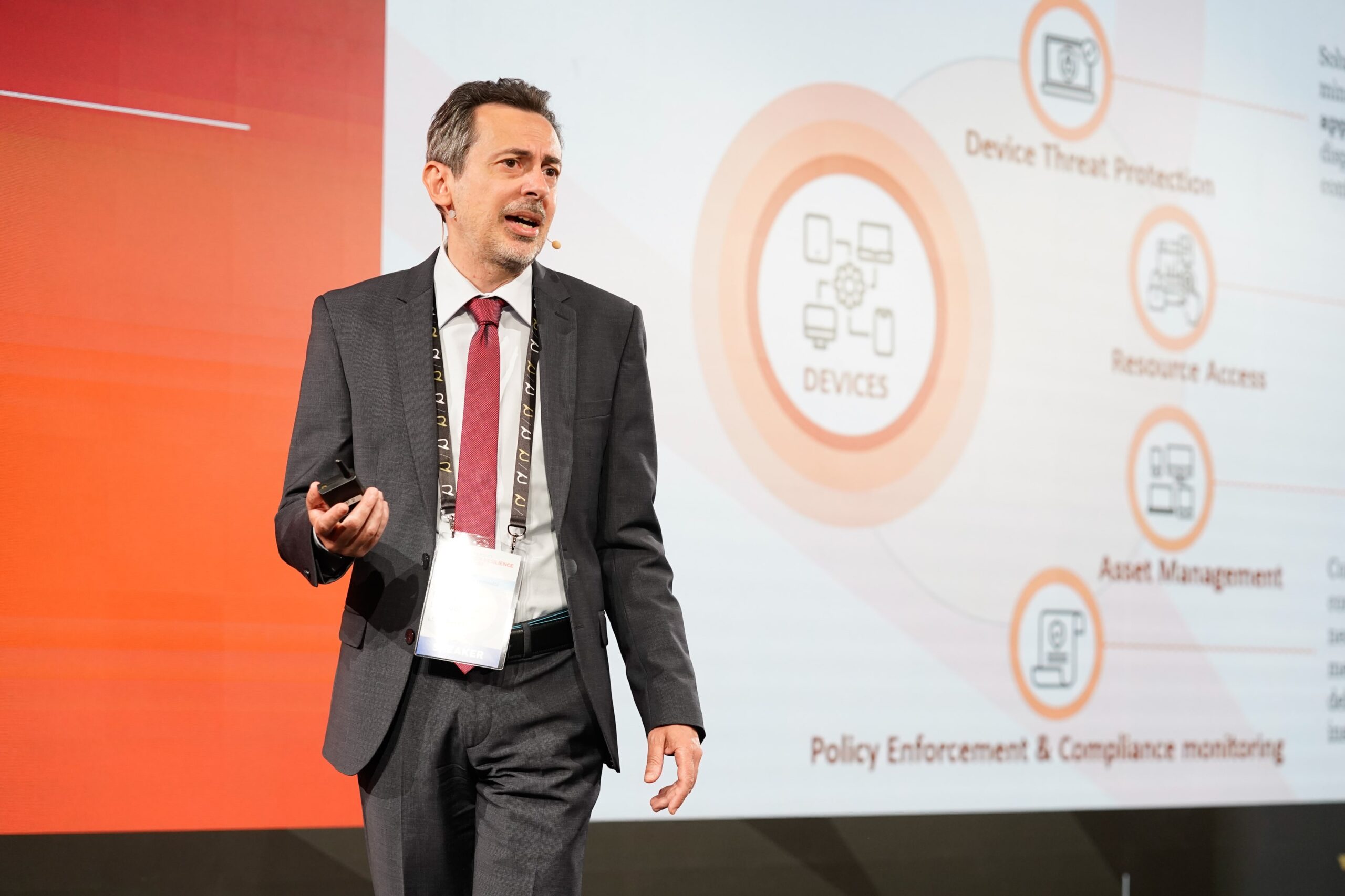 A photo of Roberto De Paolis, Head of Digital Security & Security Operations at Leonardo giving a talk.