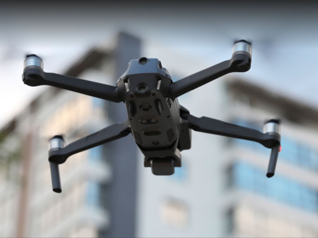 Drone flying in a city